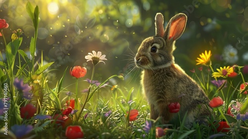 fluffy bunny sitting among colorful wildflowers in a grassy field, evoking the innocence and charm of childhood pets.