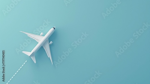 White airplane with its journey path on a clear blue background, symbolizing air travel and adventure. © Coralstar