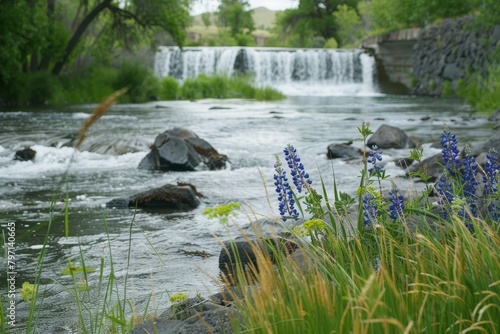 Serene river landscape with waterfall and wildflowers