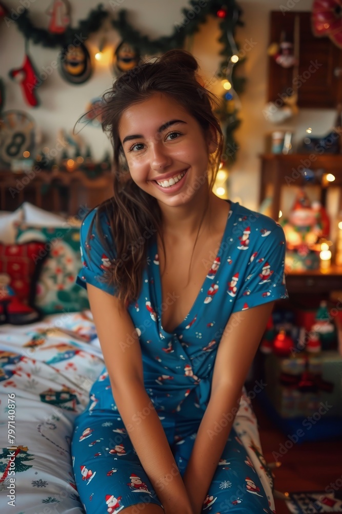 Young woman smiling in festive pajamas during Christmas at home Young woman smiling in festive pajamas during Christmas at home