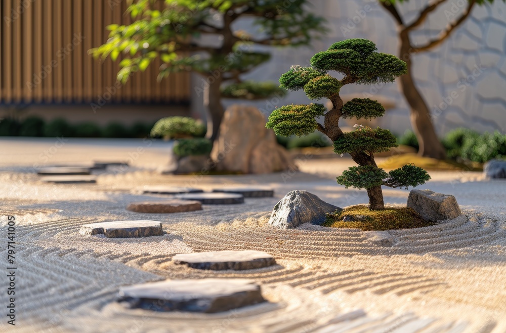 Serene Japanese Zen Garden with Bonsai and Raked Sand - obrazy, fototapety, plakaty 