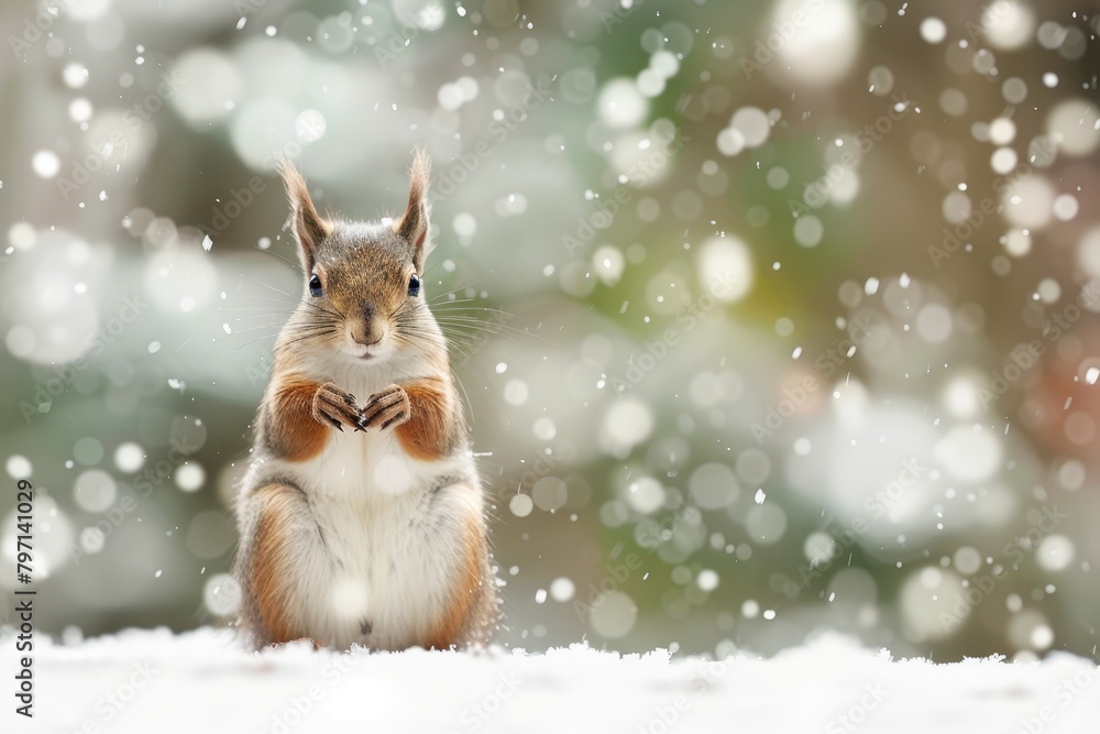Squirrel in Snowy Weather Holding a Nut - obrazy, fototapety, plakaty 