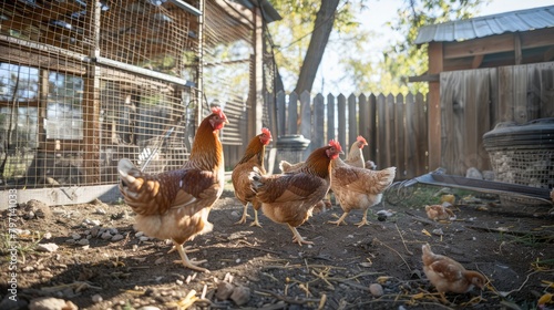 group of chickens pecking and scratching in a spacious outdoor enclosure, enjoying the freedom to roam and forage. photo