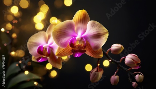 pink orchid lovely tropical flower with lights light black and yellow background hd illustrations
