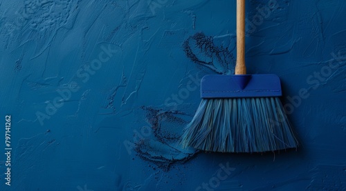 Broom sweeping dust on a textured blue surface