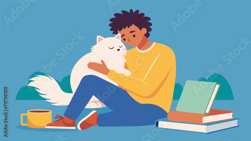 A stressedout college student takes a break from studying to cuddle with their fluffy therapy cat finding a moment of peace and relaxation in the.