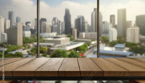 empty wood table top and blur modern office space building background can used for display or montage your products