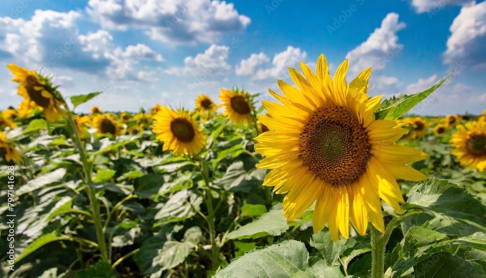 sunflower field with cloudy blue sky