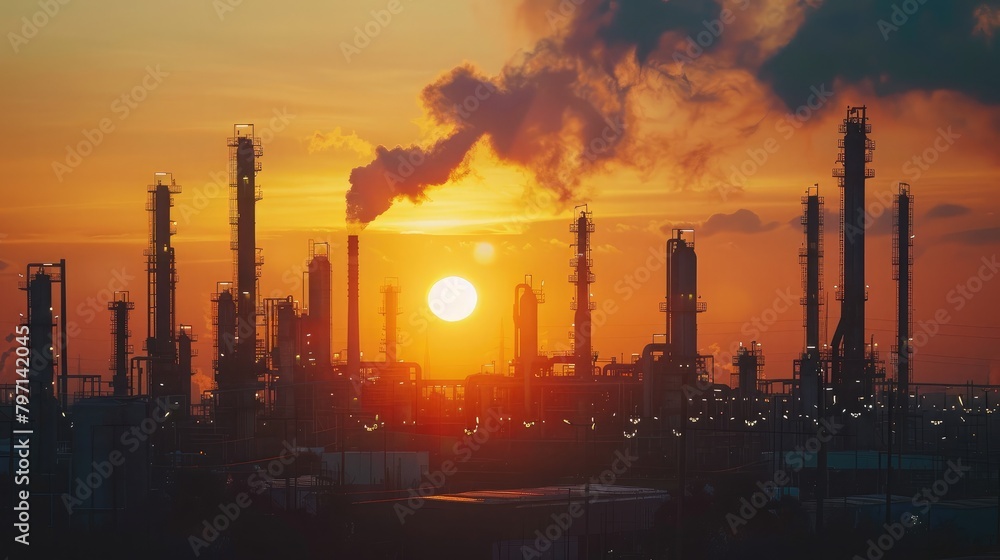 Oil refinery plant at sunset, illustrating the industrial process of refining crude oil into various petroleum products