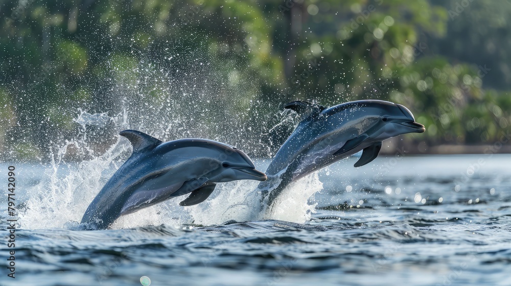 pair of dolphins leaping joyfully out of the water, displaying exuberance and vitality.