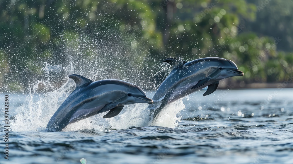 Fototapeta premium pair of dolphins leaping joyfully out of the water, displaying exuberance and vitality.