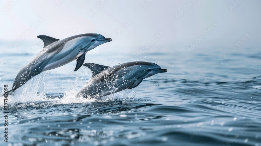 Fototapeta premium pair of dolphins leaping joyfully out of the water, displaying exuberance and vitality.