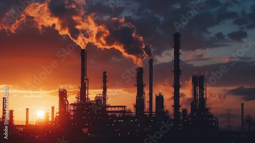 Oil refinery plant at sunset, illustrating the industrial process of refining crude oil into various petroleum products © buraratn