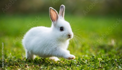 little cute rabbit bunny running on the field in summer