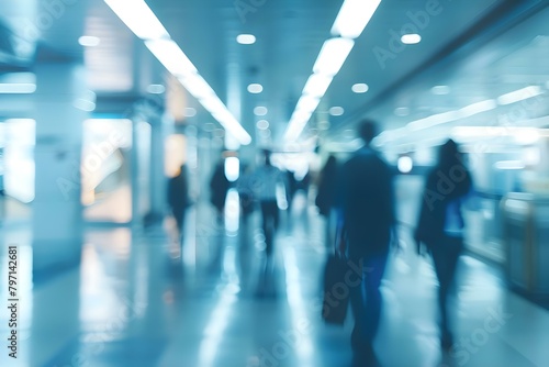 Blurry figures in a bustling business corridor capturing the dynamic work environment. Concept Business Environment, Blurry Figures, Dynamic Work, Corporate Setting, Office Corridor