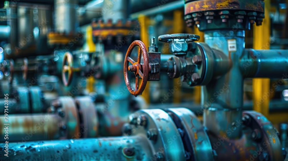 Pipes and valves in an oil refinery facility, representing the intricate network of equipment used in refining processes. Pipes and valves in an oil refinery facility, representing the intricate network of equipment used in refining processes.