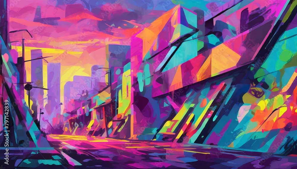 Naklejka premium abstract urban street art graffiti style vector illustration template background in colorful cyber metaverse theme