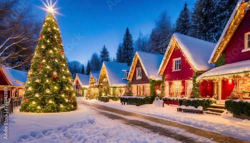 a photograph capturing the enchanting glow of a snowy christmas village as vibrant crimson emerald and gold lights twinkle against the night sky