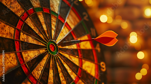 a dartboard with a single dart precisely lodged in the bullseye. The dartboard is vibrant, featuring multiple colors like red, green, and yellow, with black separators