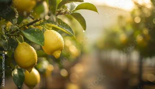 lemon tree with ripe fresh yellow lemons and dew drops on blurred citrus fruit farm agriculture background closeup design copy space for text non gmo and organic products concept photo
