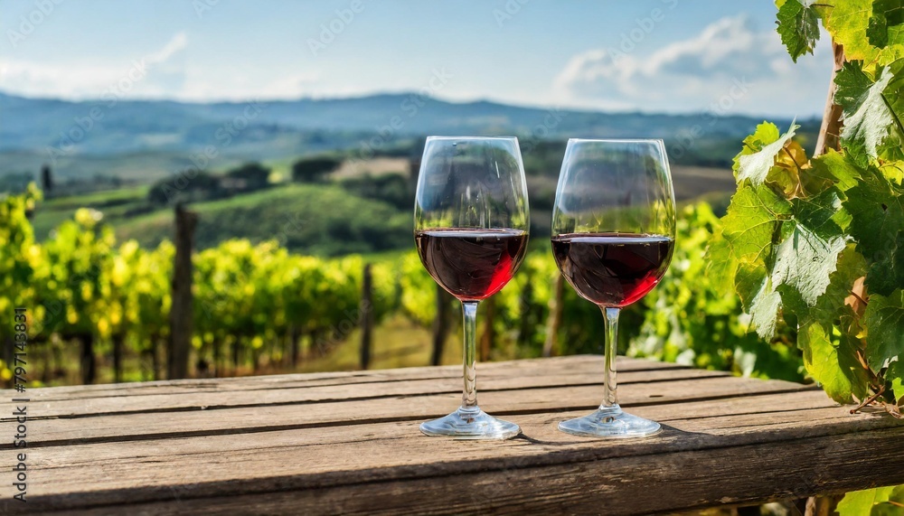 glasses of wine on wooden table with vineyard view in tuscany italy