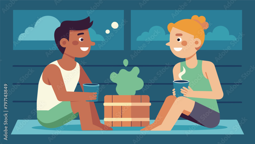 Two friends chat and catch up while enjoying the heat of the sauna using it as a social activity in addition to its health benefits..