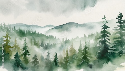 watercolor green landscape of foggy forest hill wild nature frozen misty taiga horizontal watercolor background evergreen coniferous trees