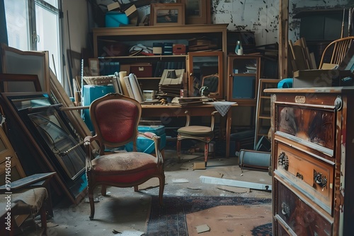 Room cluttered with furniture and items awaiting renovation. Concept Room Renovation, Cluttered Furniture, Home Improvement, Interior Design photo