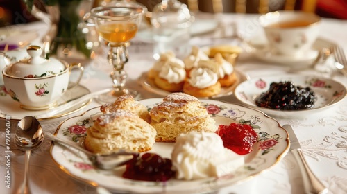 traditional afternoon tea spread with scones, clotted cream, and jam, evoking the elegance of British tea culture.