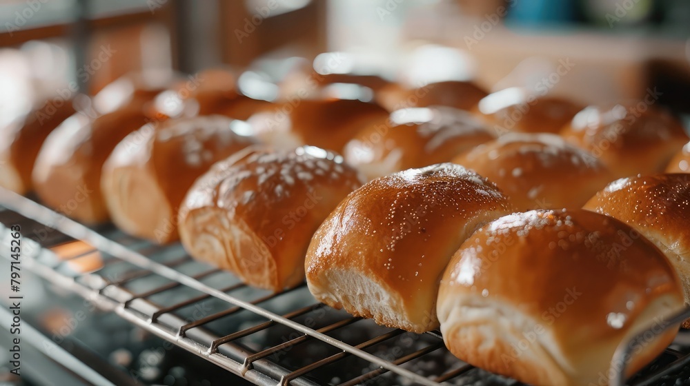 tray of freshly baked bread rolls cooling on a wire rack, filling the air with the aroma of warm bread. tray of freshly baked bread rolls cooling on a wire rack, filling the air with the aroma of warm bread.