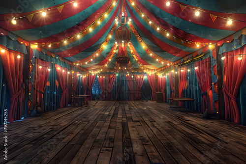 A silent and empty circus tent in a big fair, generating AI technology