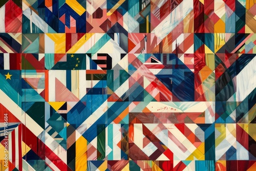 Vibrant geometric shapes overlapping in a modern abstract artwork with hints of various flags.