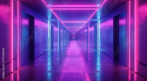 Background 3D render of futuristic tunnel corridor with purple neon light