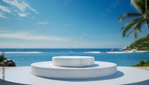 3d luxury white podium with blur ocean and blue sky for your luxury product generative ai