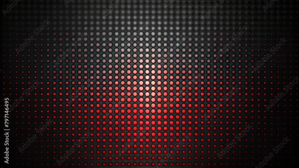Abstract vector background with a grid of neon circles and dots on a dark red backdrop