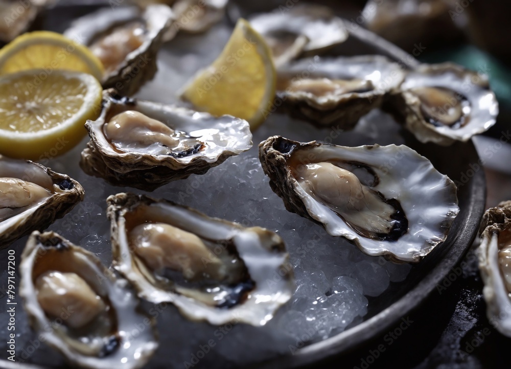 Fresh oysters on ice with lemon, selective focus, close up Fresh oysters on ice with lemon, selective focus, close up