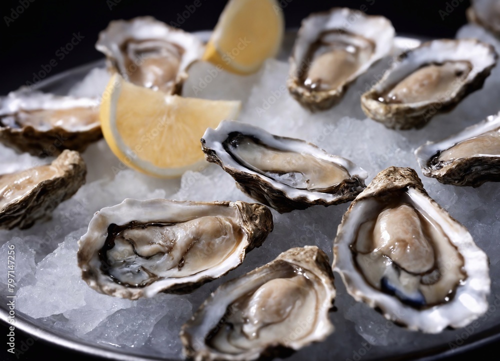 Fresh oysters with ice and lemon on black background, closeup Fresh oysters with ice and lemon on black background, closeup