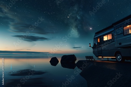 Tranquil scene of a motorhome parked beside a still lake under a breathtaking starry sky at twilight. photo