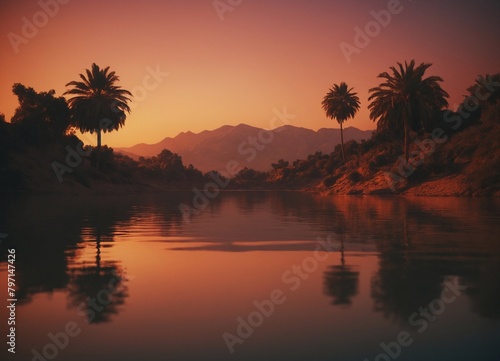 Palm trees reflected in the water of a river at sunset.