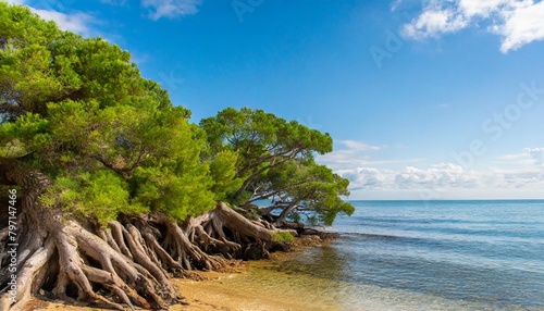 landscape view of trees with big roots on the seashore plants growing by the sea