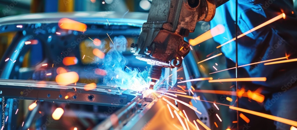 A robot welding a car frame at a car body manufacturing factory. A robot welding a car frame at a car body manufacturing factory.