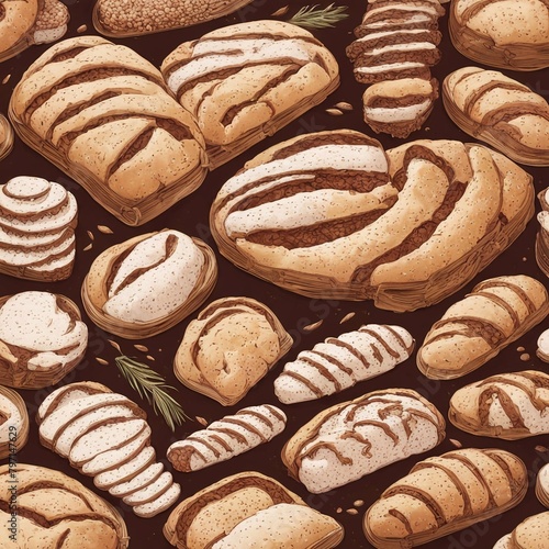 Seamless pattern with bakery products on brown background. 