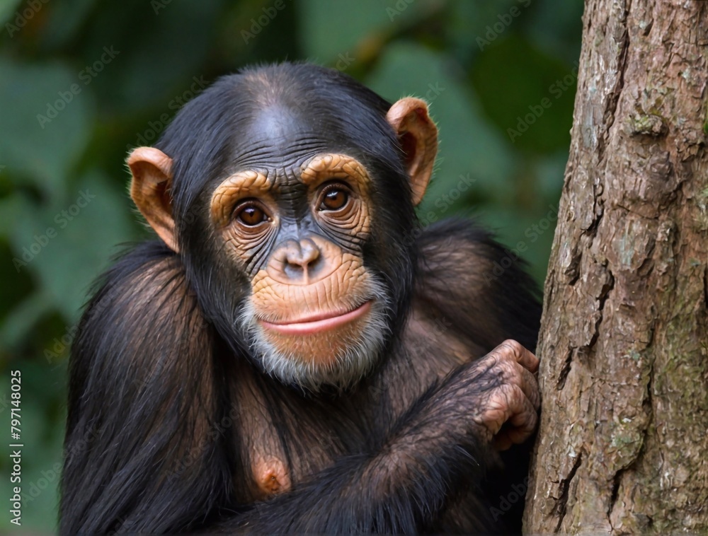 Chimpanzee sitting on a tree and looking at the camera Chimpanzee sitting on a tree and looking at the camera