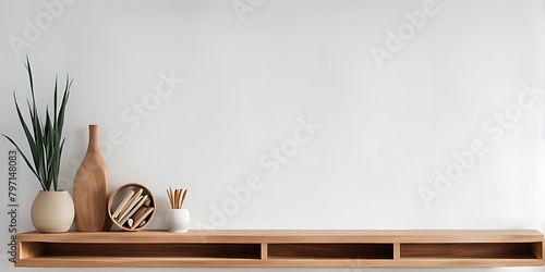  Wooden shelf and accessories décor in living room interior on empty tiles white wall background 