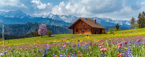 Idyllic mountain cabin in blossoming spring meadow photo