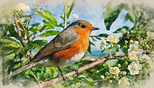 watercolor hand drawn illustration of robin bird on a twig with little flowers © Deven