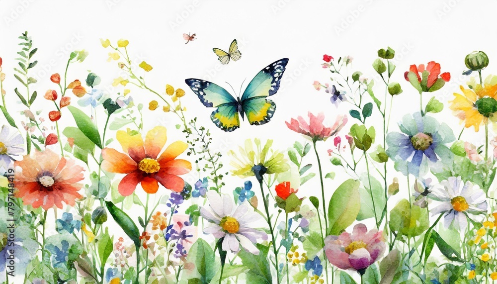 wildflowers green wild plants and flying butterfly floral seamless pattern with colorful flowers watercolor horizontal border isolated on white background hand painting illustration summer meadow