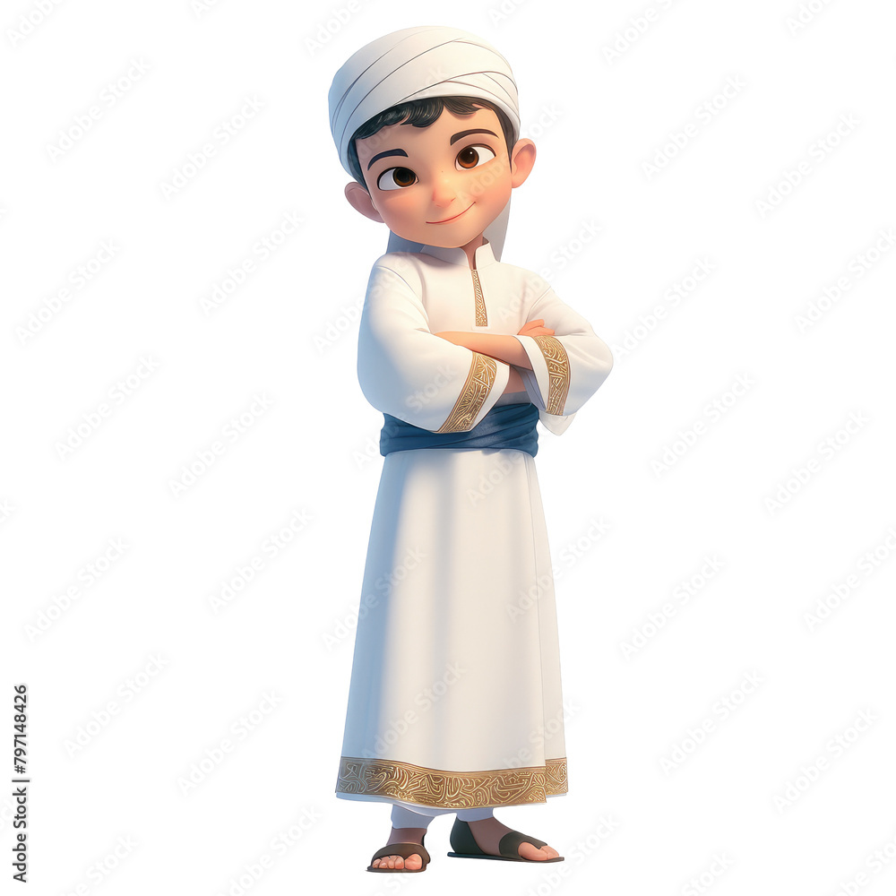 A confident and stylish young Asian Muslim cartoon character dressed in traditional Arabic attire stands proudly embodying the essence of Islamic culture He is set against a clean white back A confident and stylish young Asian Muslim cartoon character dressed in traditional Arabic attire stands proudly embodying the essence of Islamic culture He is set against a clean white back
