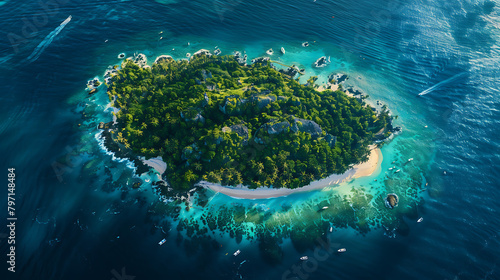  An awe-inspiring image capturing the panoramic view of an island paradise from above. Turquoise waters surround the island, their clarity revealing coral reefs and underwater formations that shimmer 