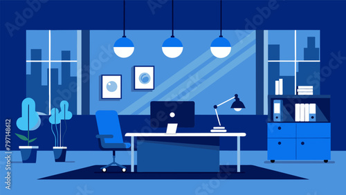 A pop of color like a bold blue accent wall adds personality and interest to a sophisticated office space..